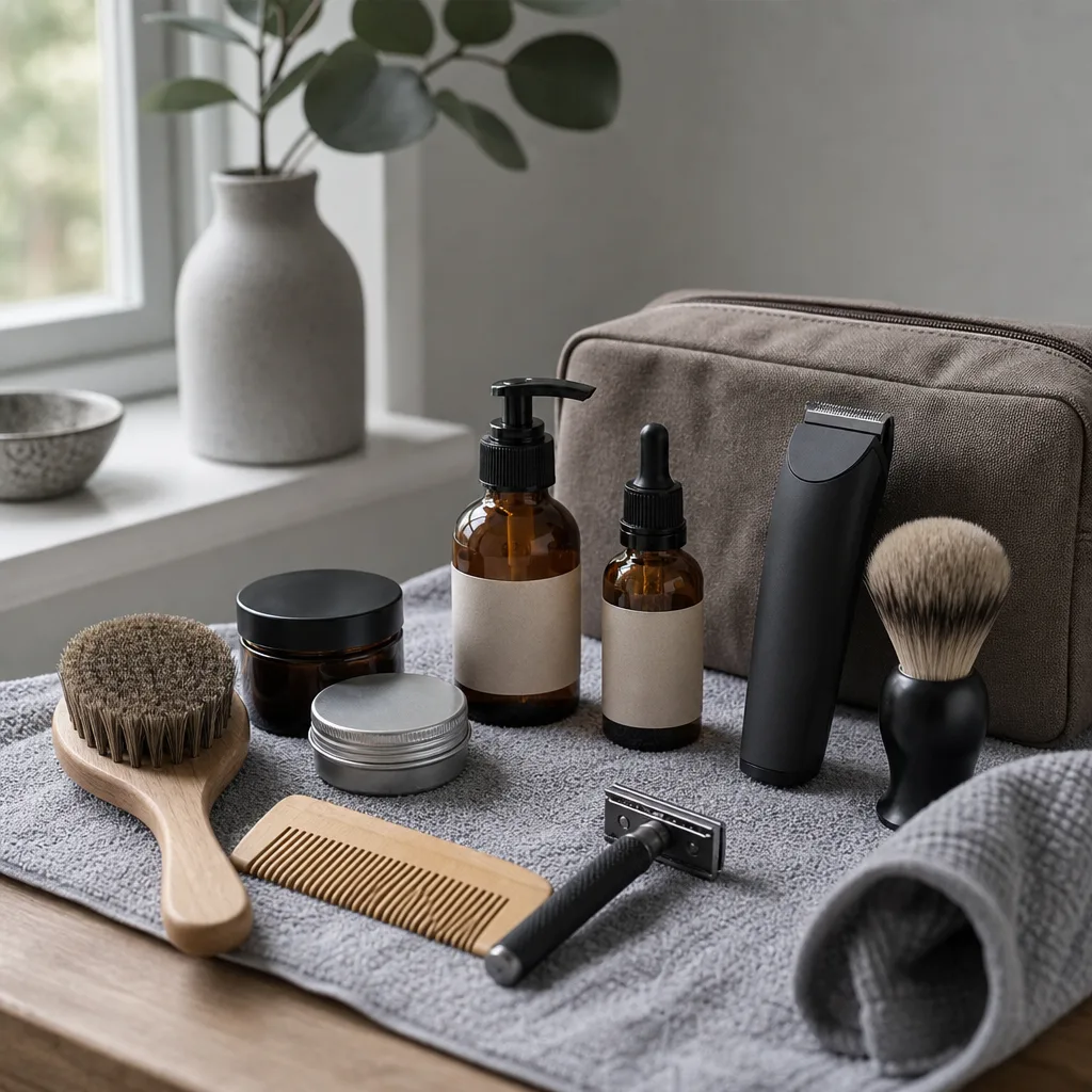Skäggvårdskit förpackat som present med olja, borste och en liten låda