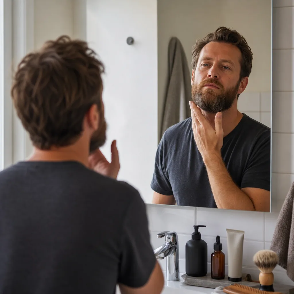 Man går igenom sin skäggvårdsrutin i badrummet med tvätt, olja och kam uppradade