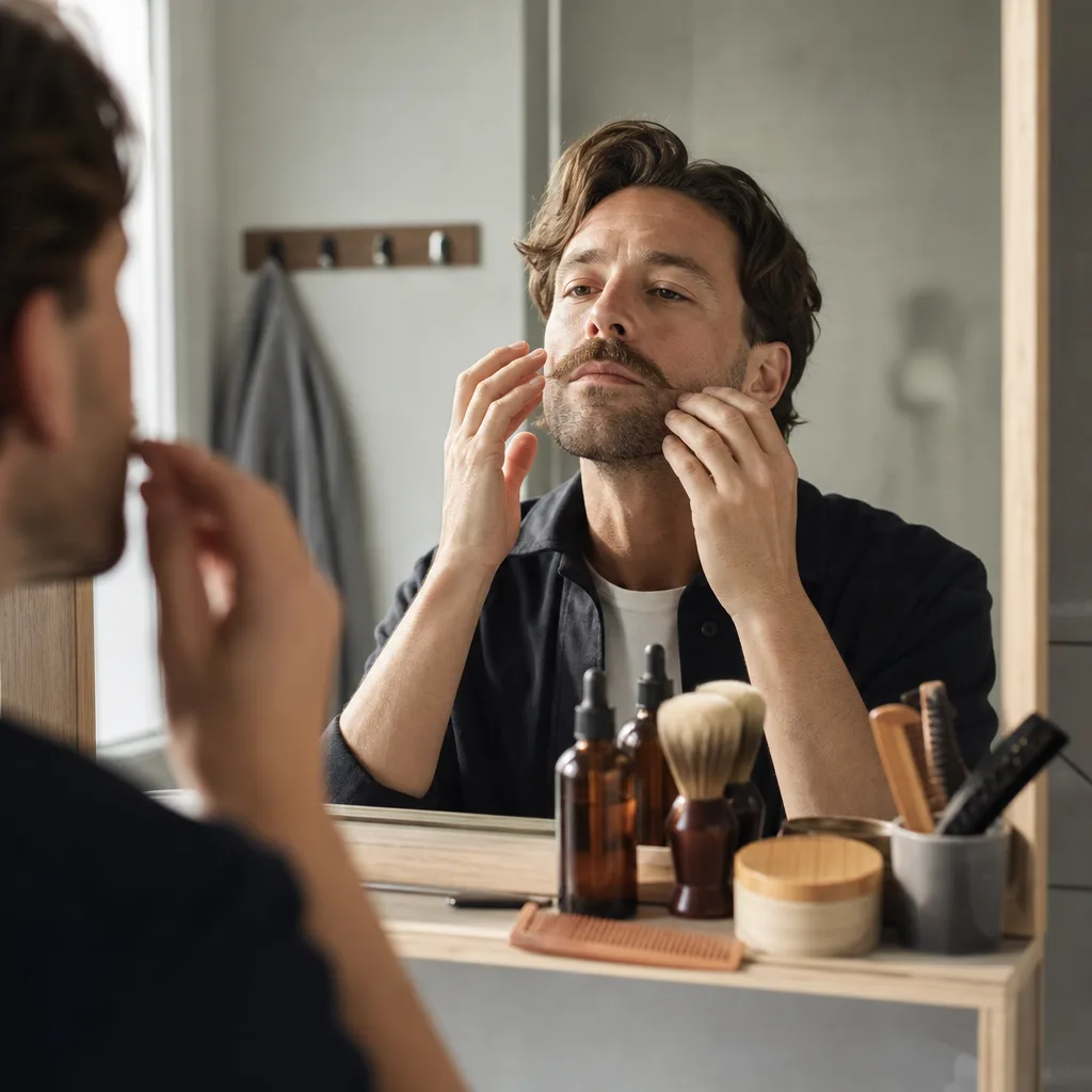 Man i olika faser av att odla ut mustasch, från kort stubb till fyllig mustasch