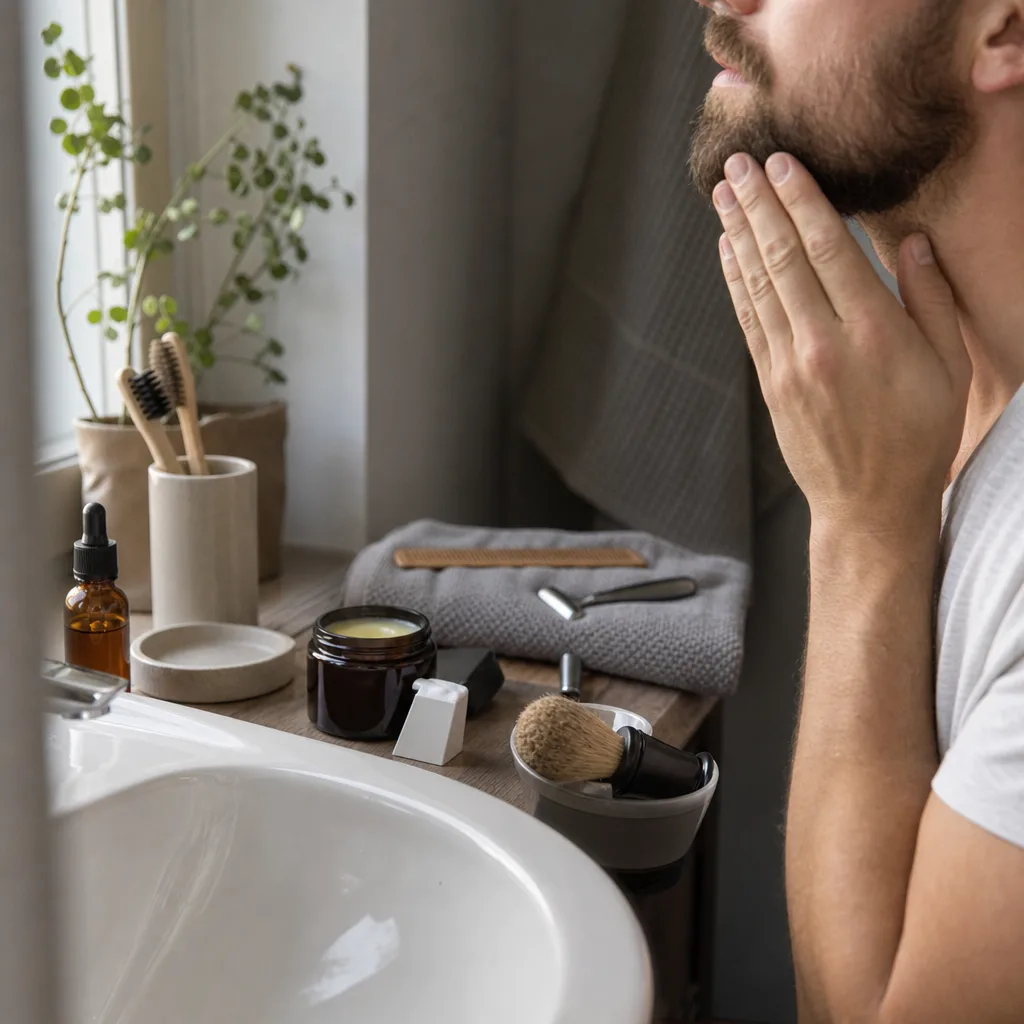 Fyra burkar mustaschvax uppställda bredvid en mustaschkam på ett badrumsskåp