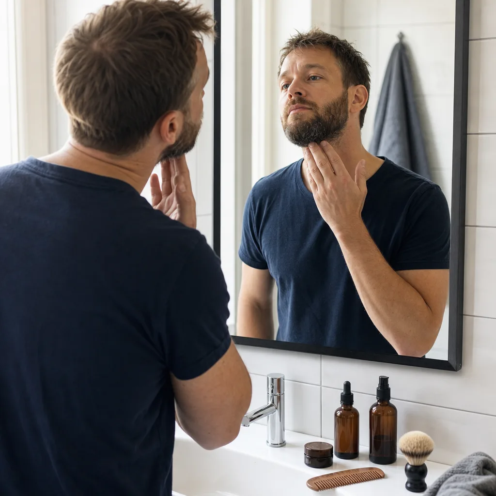 Flaska rakvatten och burk aftershave balm uppställda vid ett handfat efter rakning