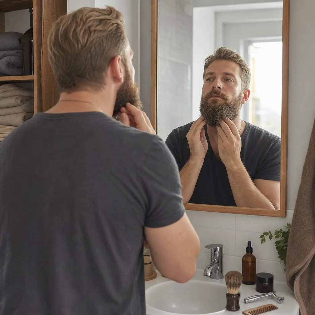 Uppslagen anteckningsbok med skäggvårdstermer bredvid olja, balm och en säkerhetshyvel