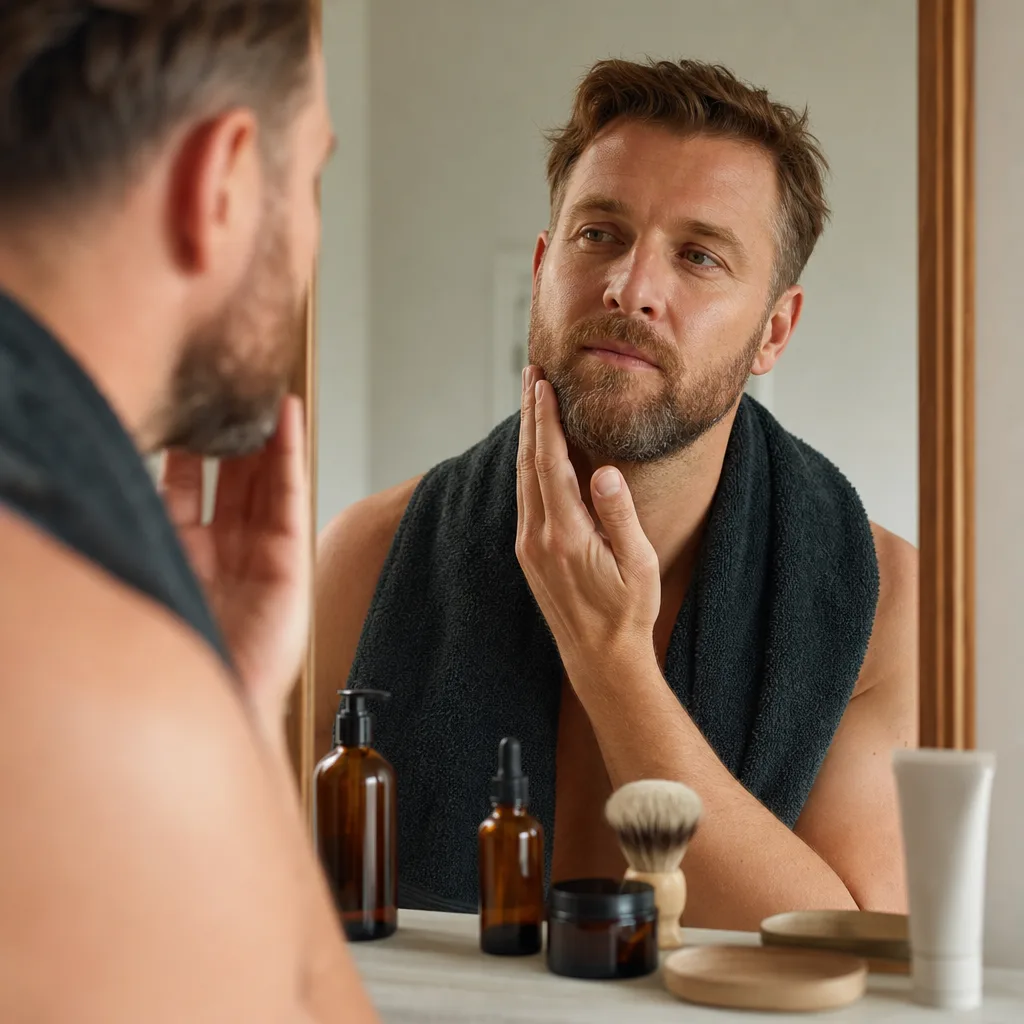En flaska rakvatten och en burk aftershave balm uppställda bredvid varandra