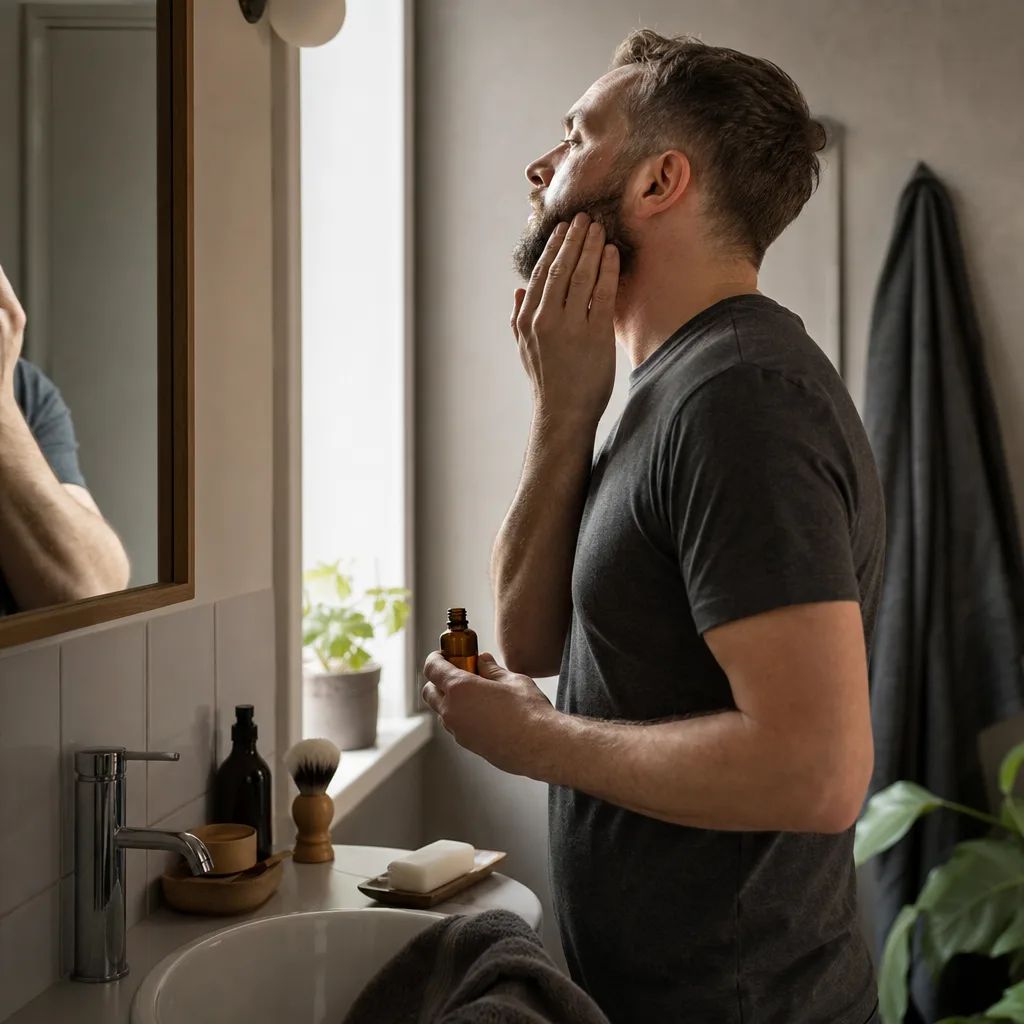Fyra burkar och flaskor med aftershave balm uppställda på badrumshyllan