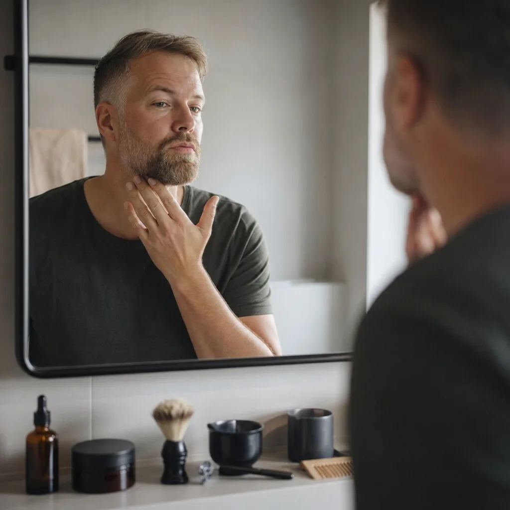 Rakhyvel, rakkräm och aftershave balm uppställda på badrumshyllan inför rakning