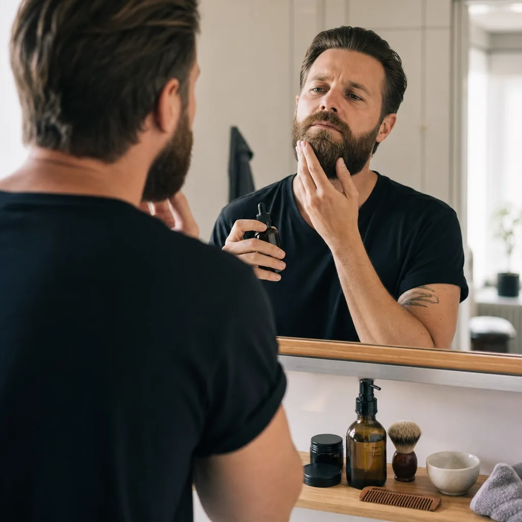 Badrumshylla med flaskor för skäggtvätt, balsam och en skäggkam