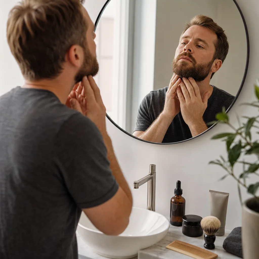 Man applicerar skäggserum ur pipettflaska i handflatan