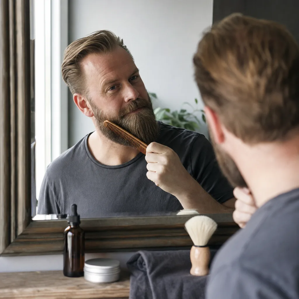 Skäggkam i trä bredvid en person som kammar igenom skägget