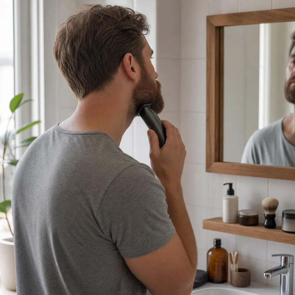 Närbild på en precisionstrimmer med smalt huvud som arbetar längs en skarp kindlinje
